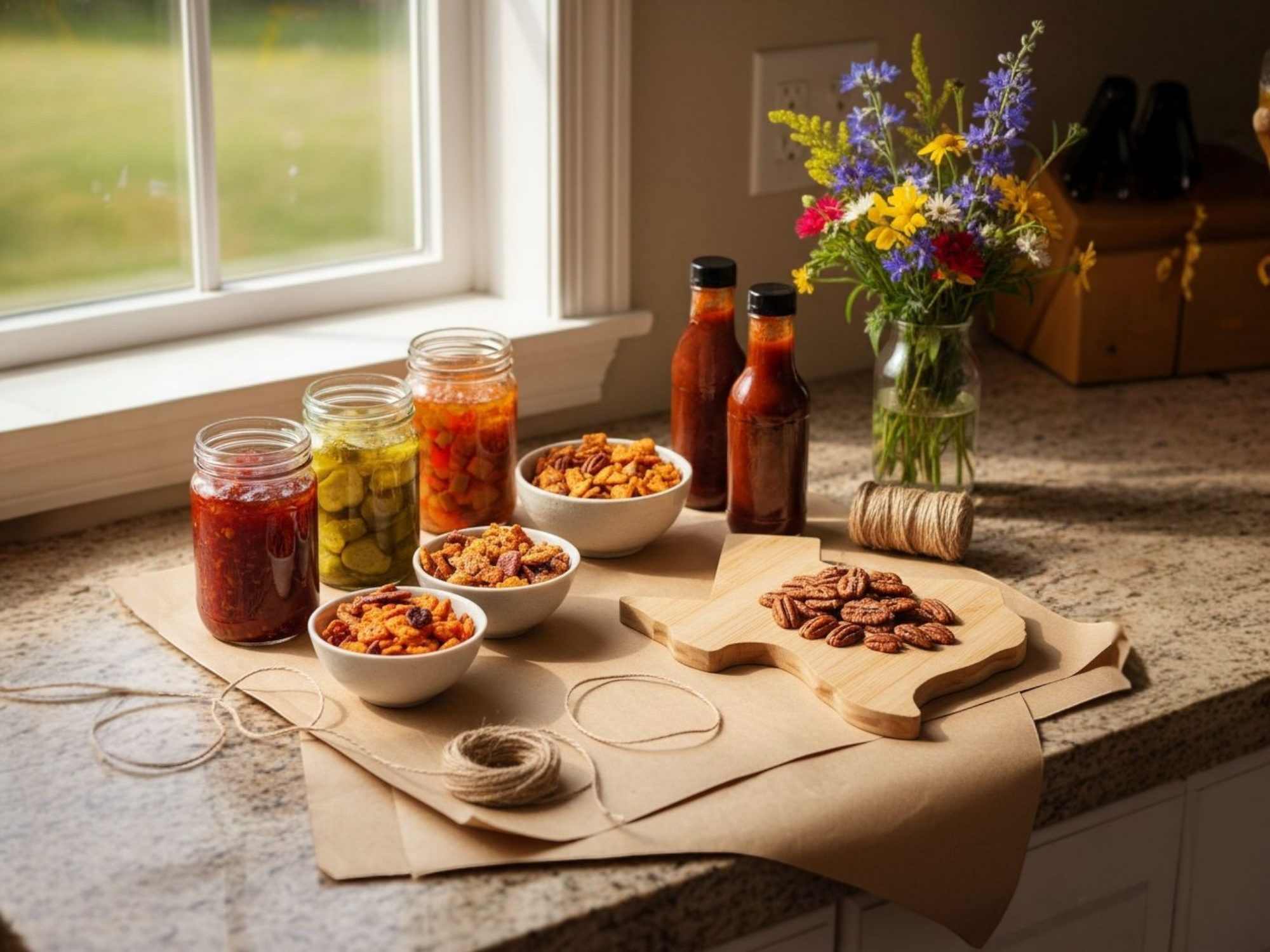 Homemade Texas sauces, pickles, and nuts arranged beside a sunny kitchen window with flowers, highlighting local craftsmanship and southern charm.