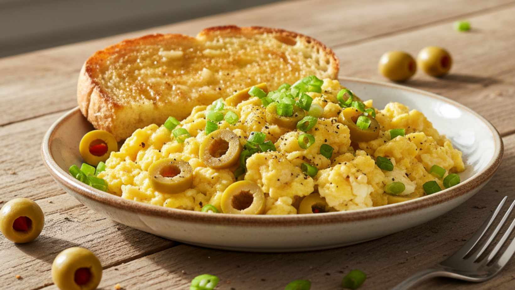 Scrambled eggs with chopped jalapeño-stuffed olives and green onions served on a plate with buttered toast.