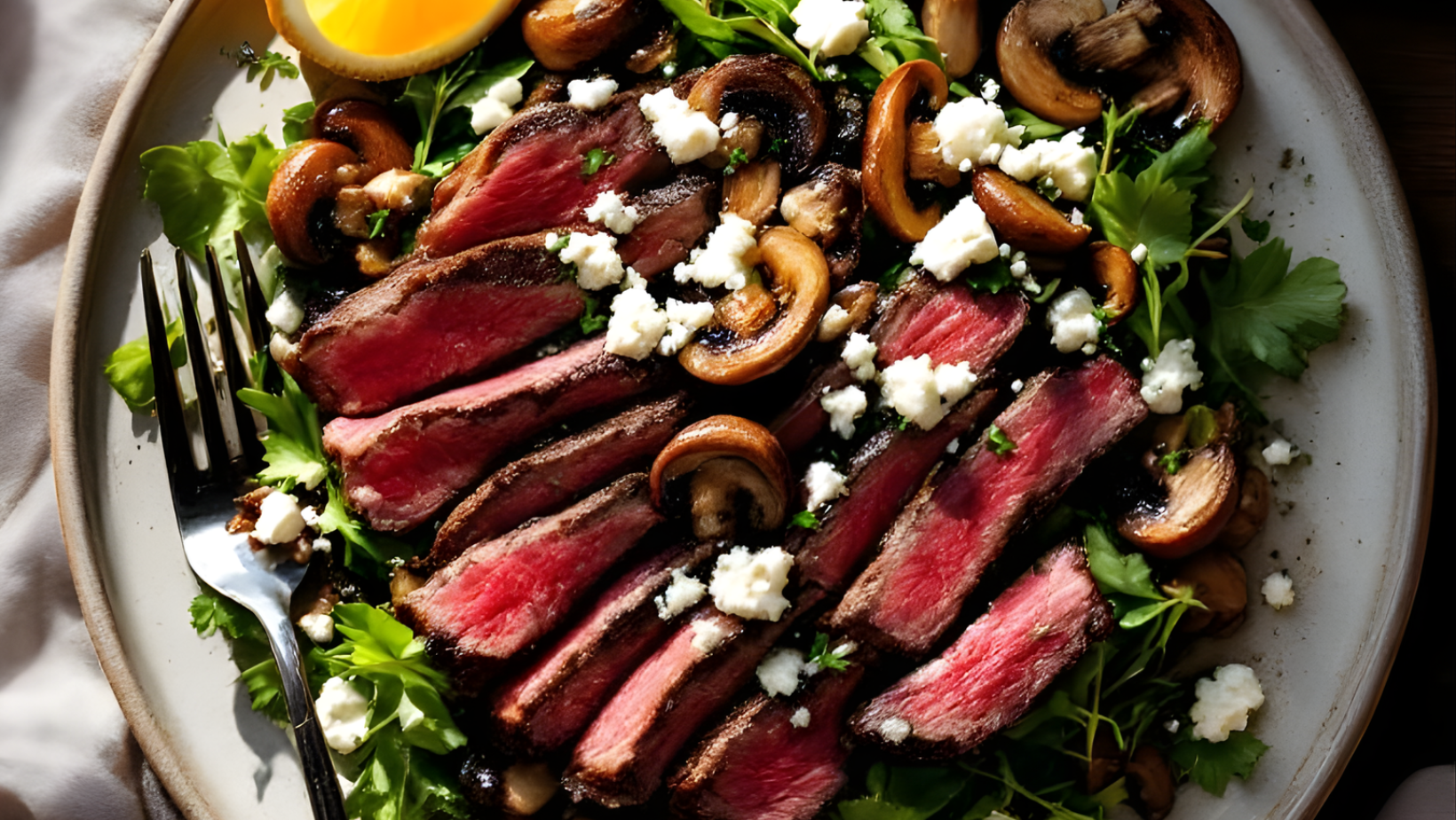 Top-down view of sliced steak served with fresh arugula, marinated mushrooms, and dressing being poured onto the salad.