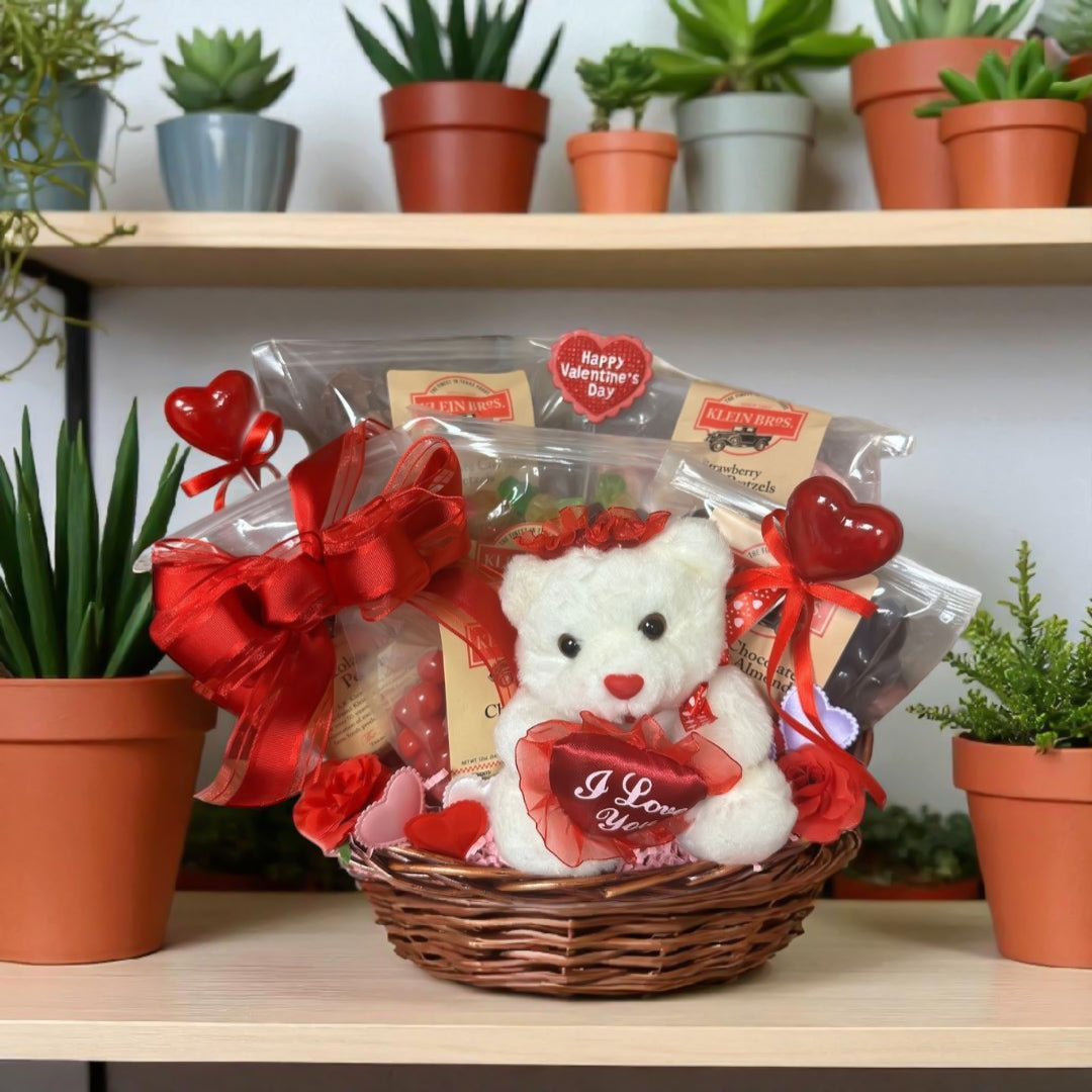 Sweetheart Sampler Basket filled with full-size gourmet chocolates, pretzels, and candies, gift-ready in Texas-inspired packaging.