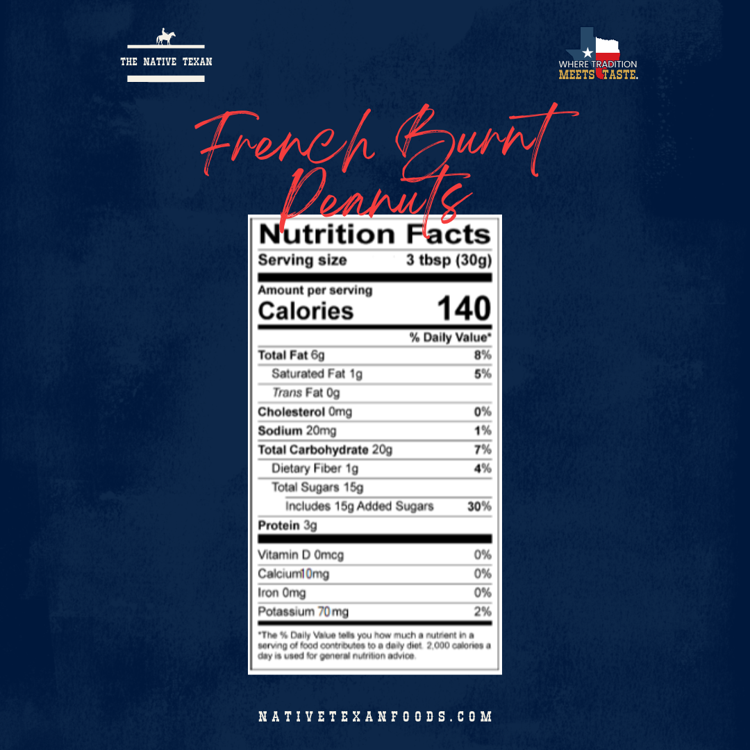Nutrition facts label for French Burnt Peanuts on a dark blue background with branding text.