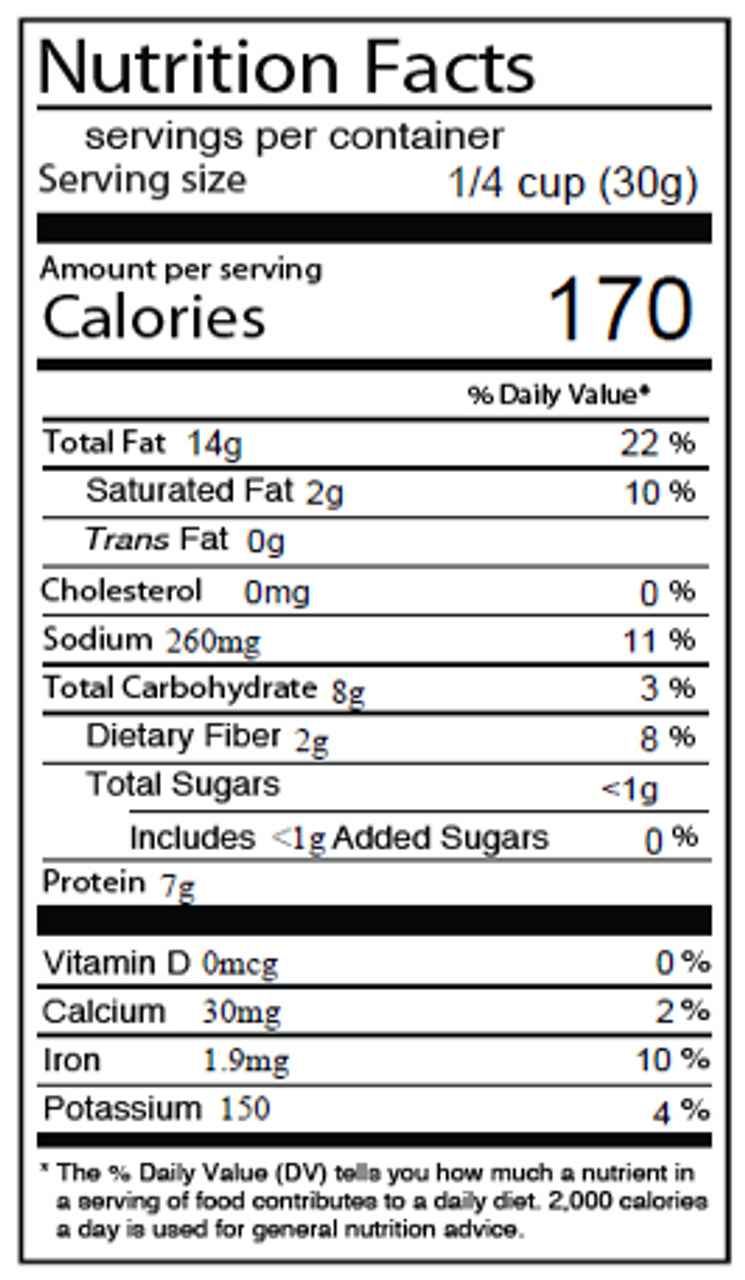 Nutrition facts label for a food product with serving size, calories, and nutritional content details.