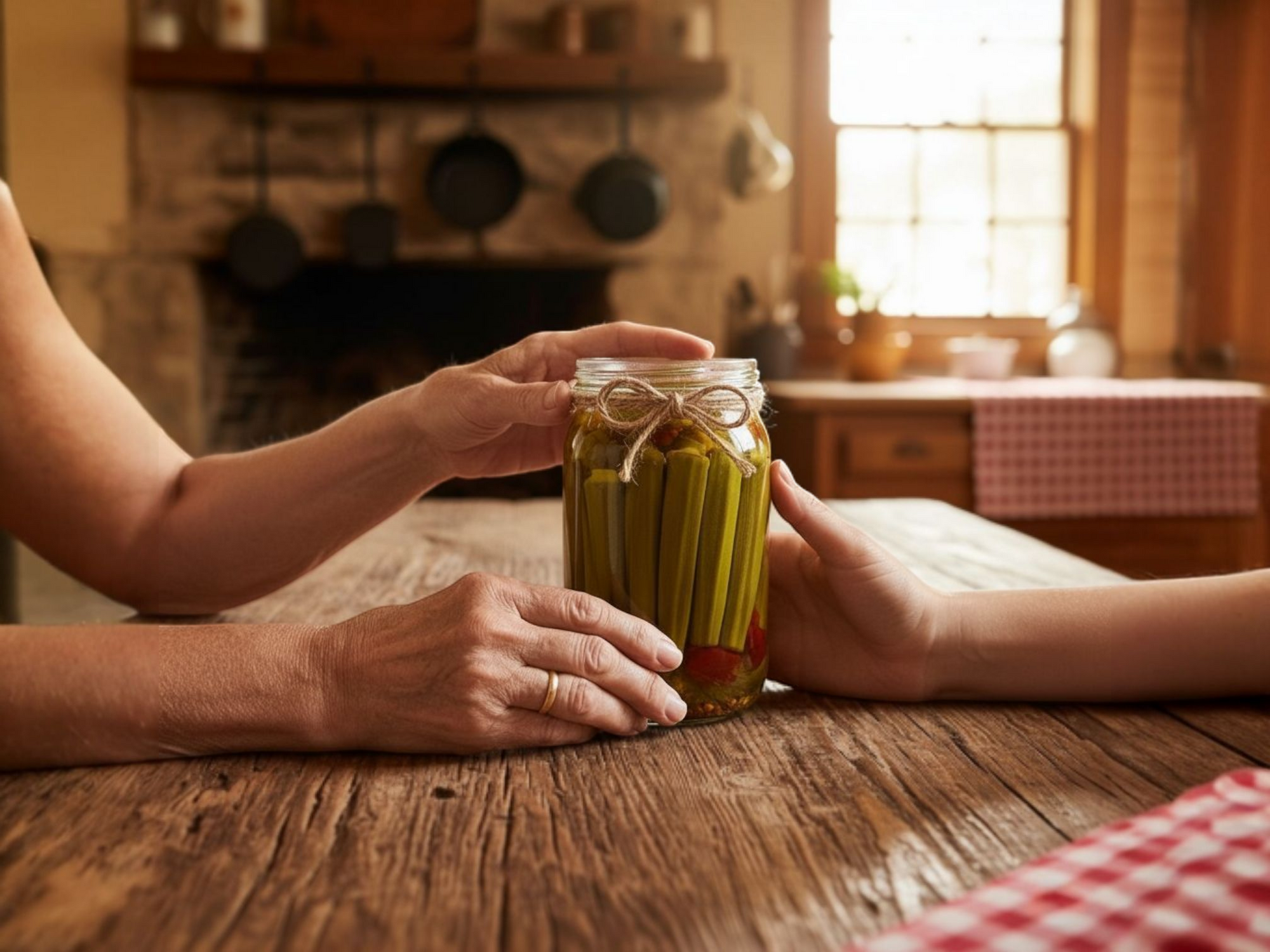 Two people exchanging a jar of Texas-made pickles in a cozy farmhouse kitchen, symbolizing family tradition and the spirit of giving.