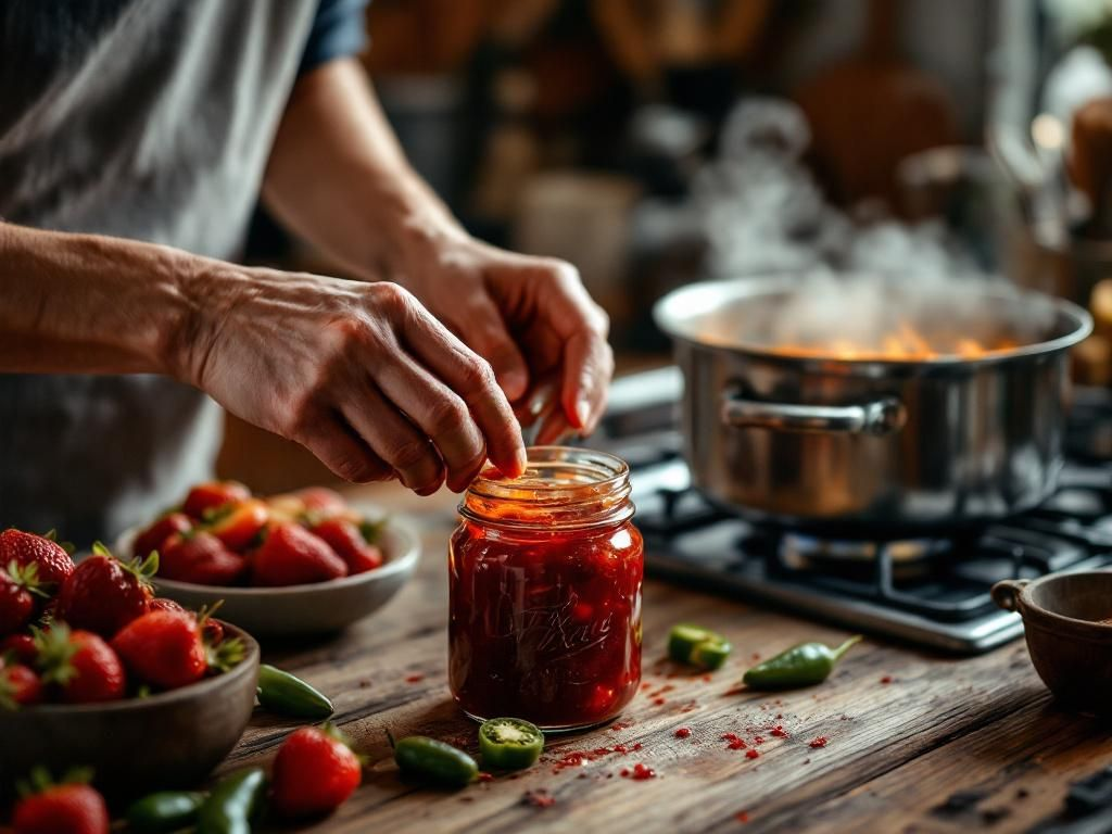 Hands preparing homemade strawberry jam in a cozy Texas kitchen with steam rising from a pot, showcasing artisanal food-making and family tradition.