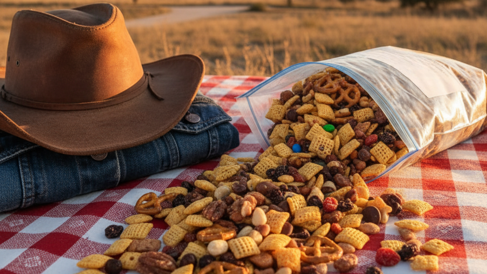 Texas trail mix spilling out of a resealable bag onto a red checkered picnic blanket, beside a cowboy hat and denim jacket.