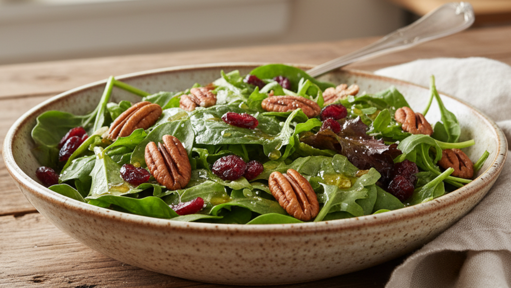 Spinach salad with pecans and dried cranberries in a rustic bowl drizzled with vinaigrette.