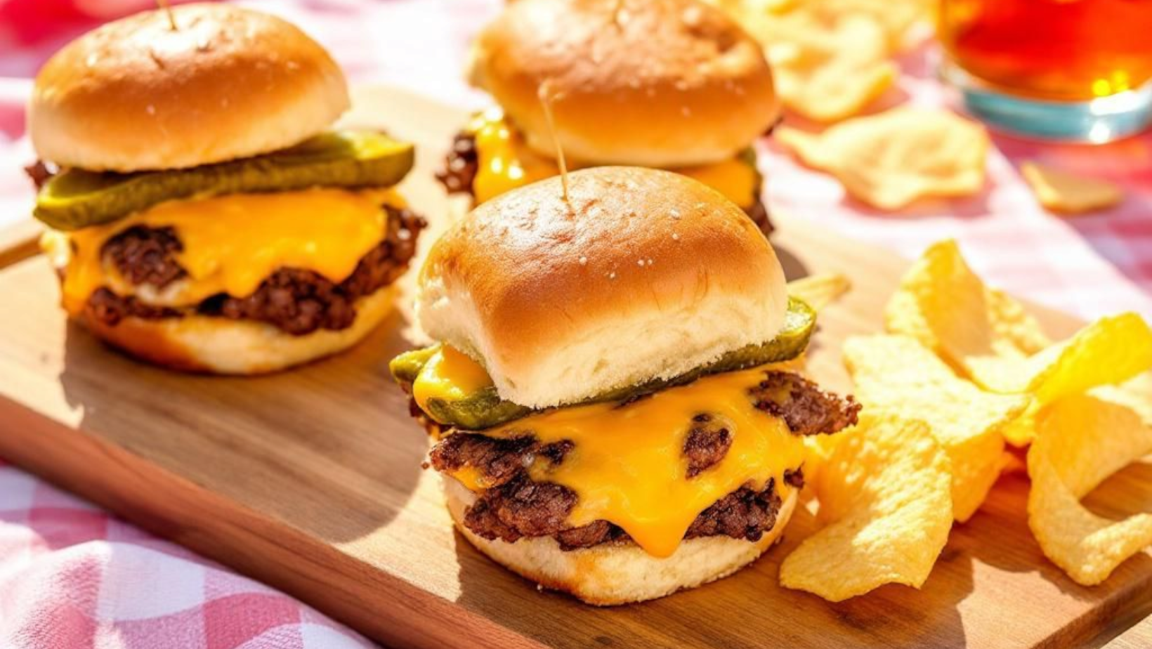 Stacked mini cheeseburger sliders topped with cheddar cheese and sliced Cajun pickles on a wooden board.