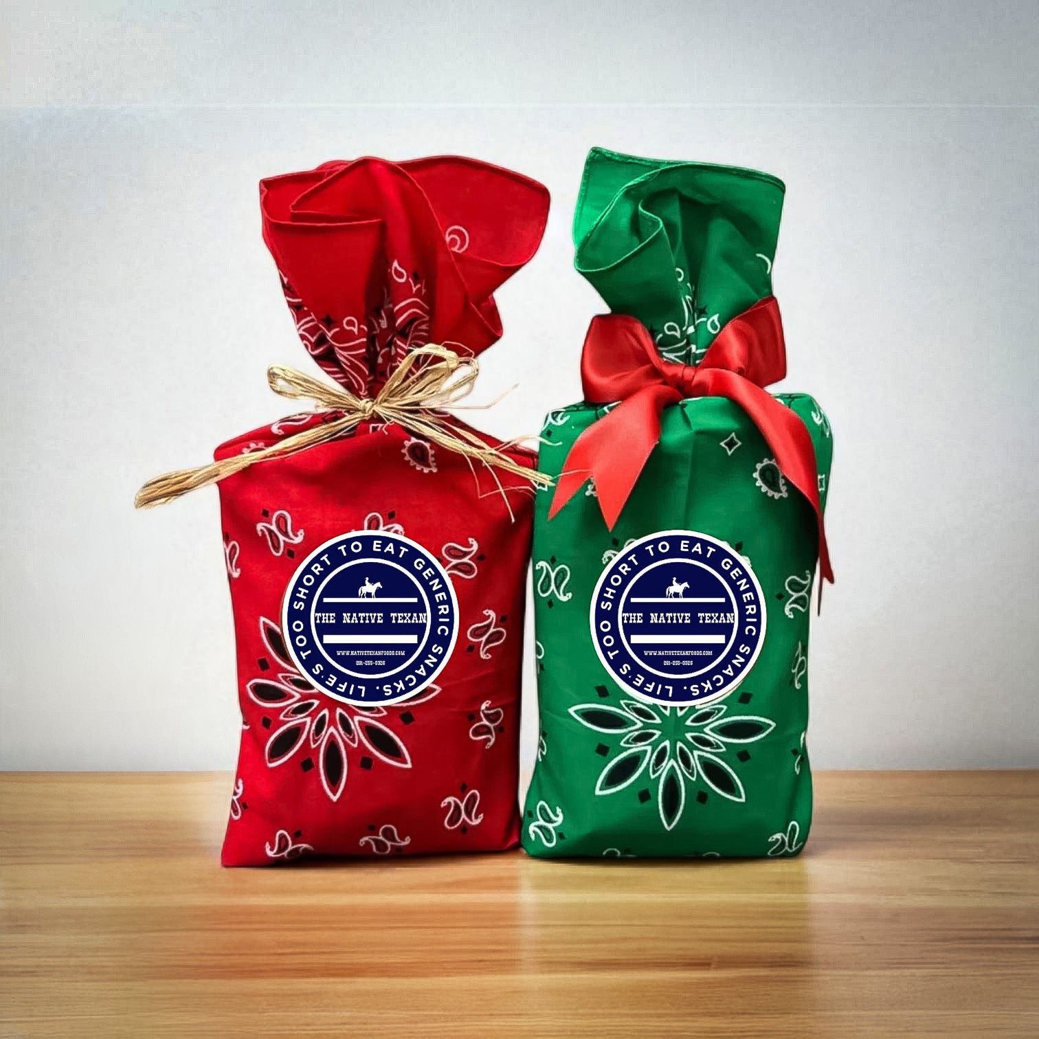 TNT Bandana Bag filled with Texas gourmet pecans in 8 oz or 12 oz resealable packages, wrapped in a colorful bandana for a unique gift.