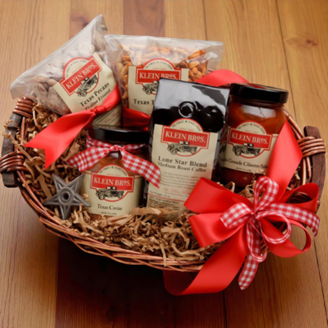 TNT Best of Texas Basket with coffee, salsa, pecans, and gourmet snacks