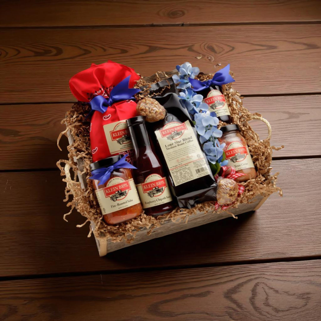 TNT Bluebonnet Sampler Barnwood Gift Box with lid and Texas gourmet treats