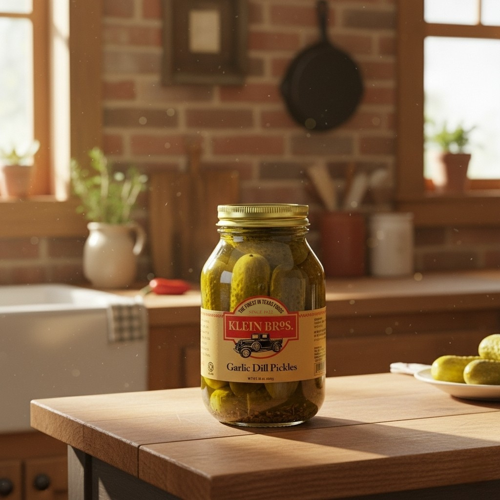 Jar of Klein Bros Garlic Dill Pickles on a wooden table with a rustic kitchen background.