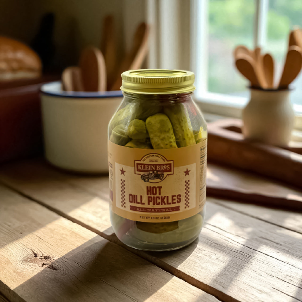 Klein Bros All Natural Hot Dill Pickles – Texas-made spicy pickles from Native Texan Foods displayed on a rustic kitchen counter.