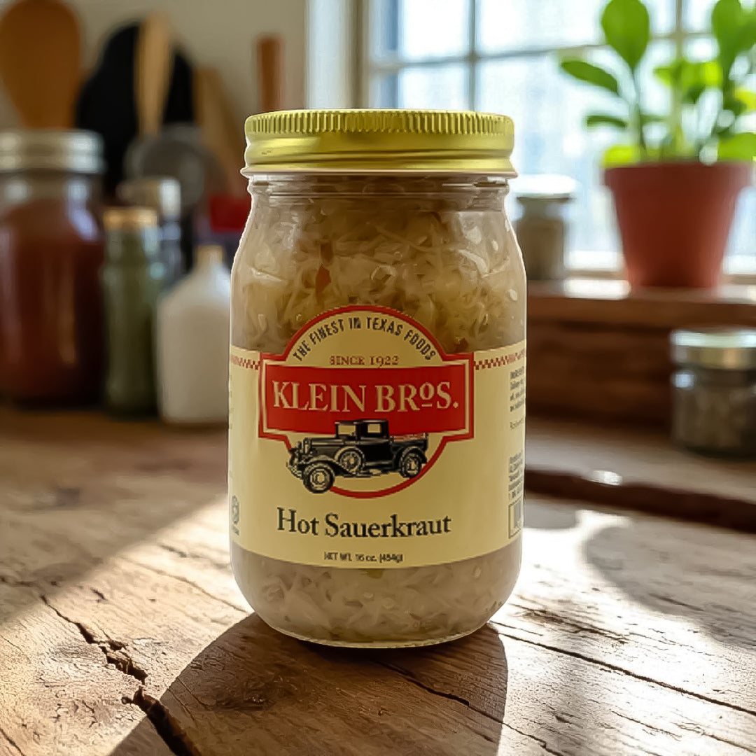 Hot Sauerkraut 16 oz jar with spicy Texas-style flavor.