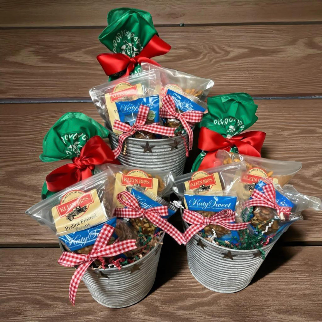 TNT Lone Star Gift Tin with praline pecans, snack mixes, and candies. Three 