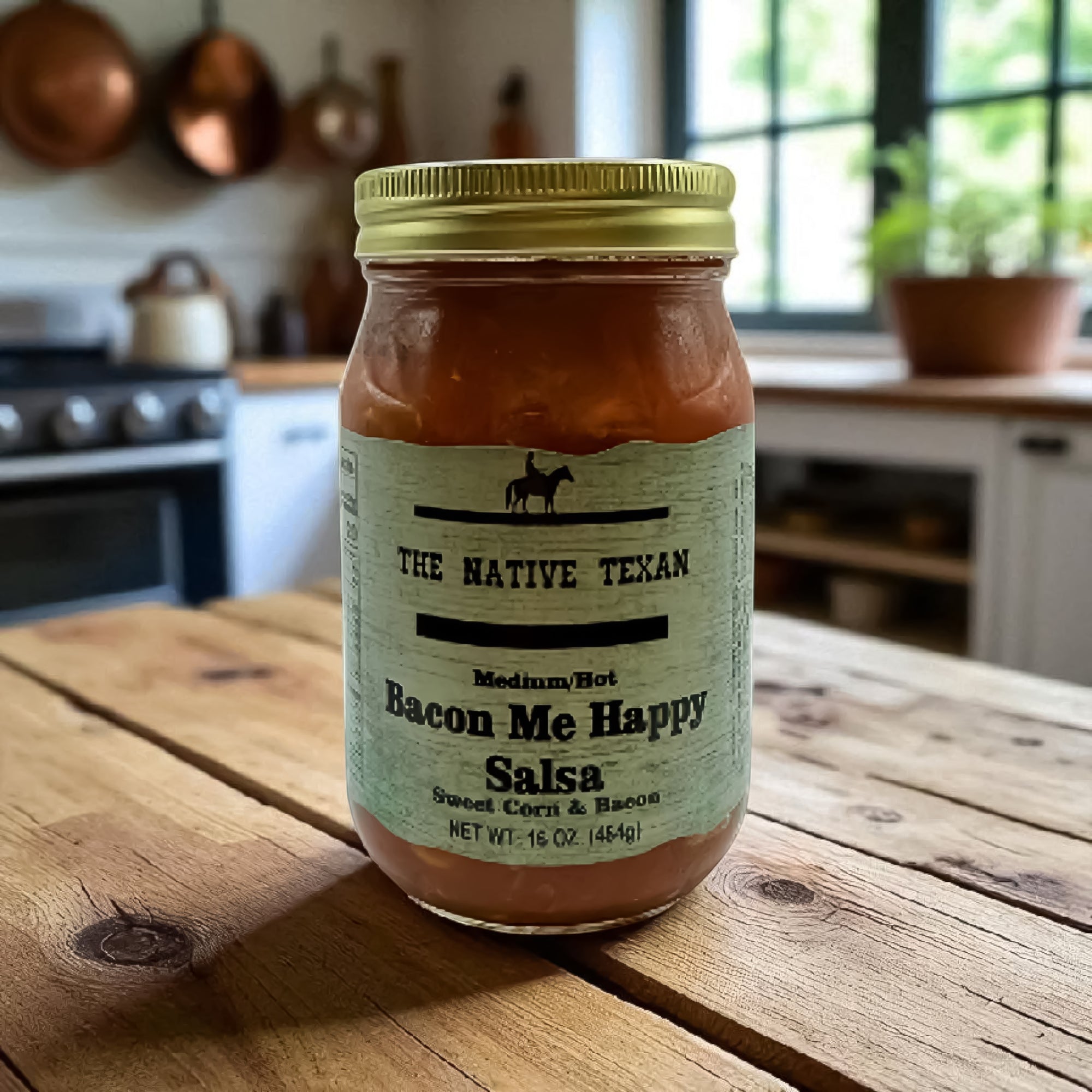 Bacon Me Happy Salsa 16 oz jar with smoky bacon and Texas spice.