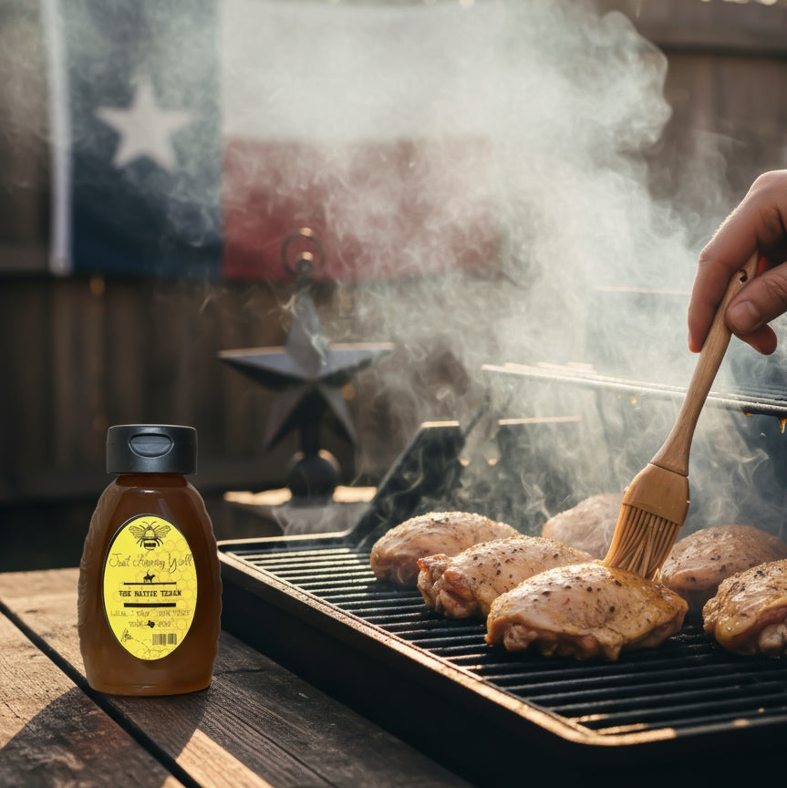 Person grilling chicken with a bottle of barbecue sauce in front of a Texas flag.