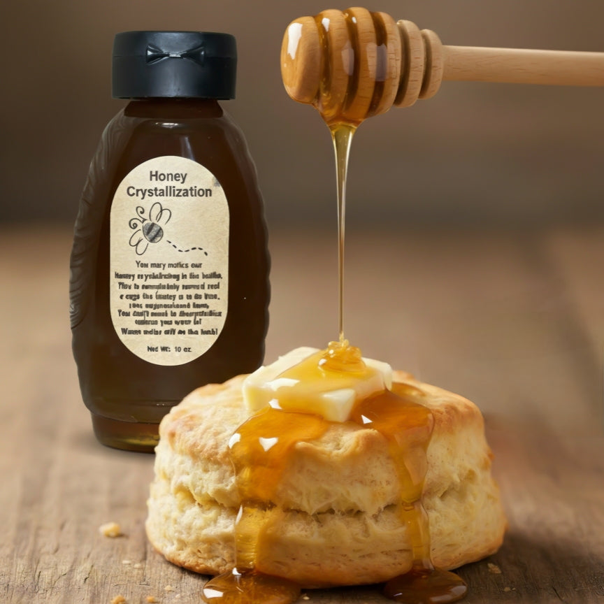 Honey bottle labeled 'Honey Crystalization' with a honey dipper drizzling honey onto a biscuit.