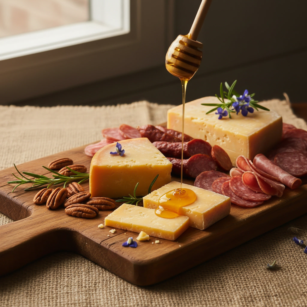 Wooden platter with cheese, cured meats, and honey being drizzled over the cheese.