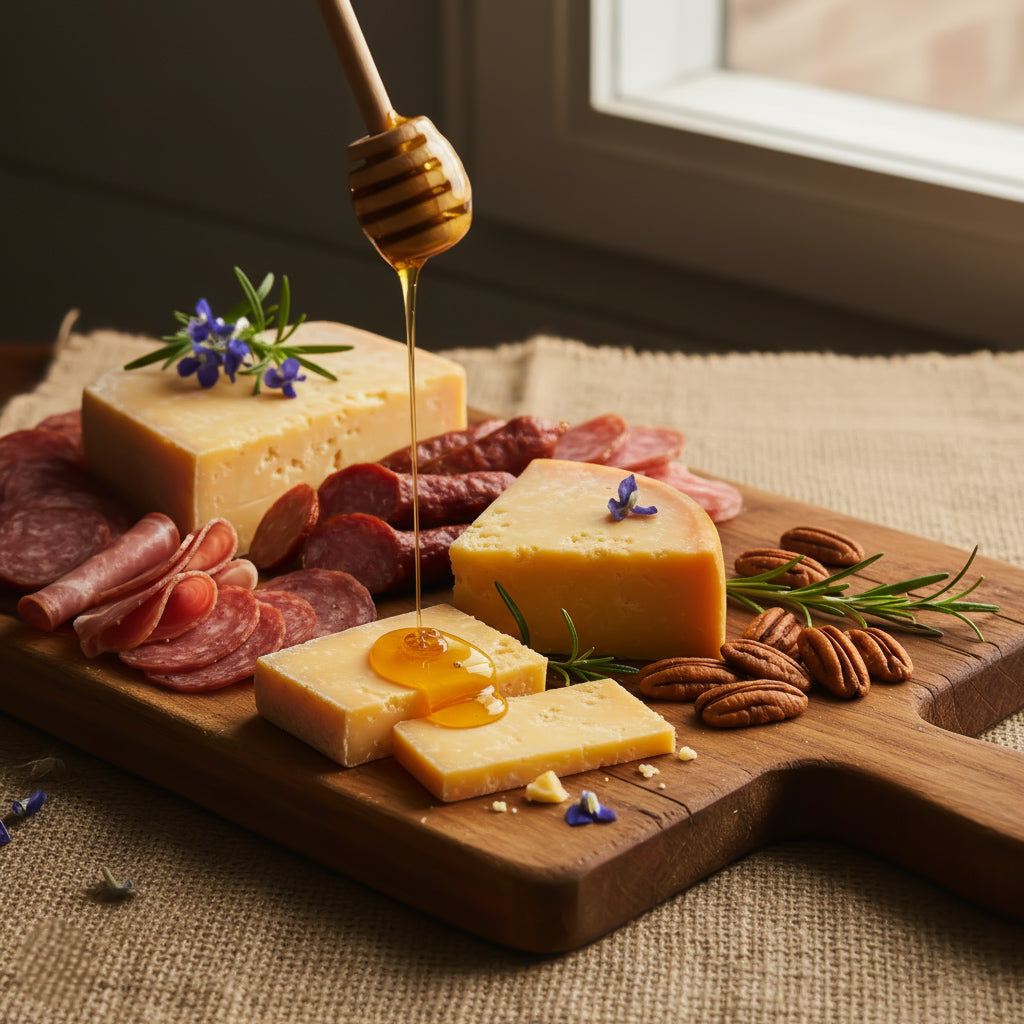 Wooden platter with cheese, cured meats, and honey being drizzled over the cheese.