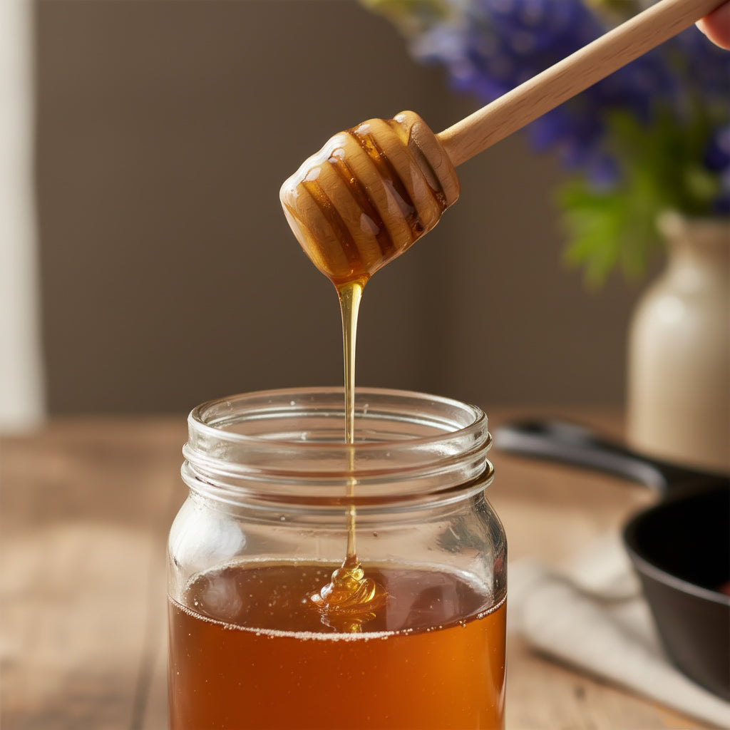 Honey being dripped from a wooden dipper into a glass jar on a wooden table.